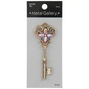 New Metal Gallery Ornate Rhinestone Key Brooch